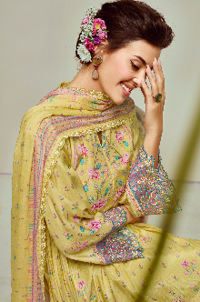 Yellow Floral Printed Straight unstitched Kurta Set