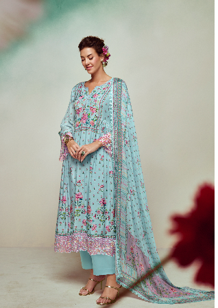 Blue Printed Unstitched Cotton Kurta Set