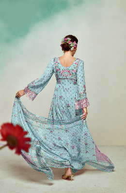 Blue Printed Unstitched Cotton Kurta Set