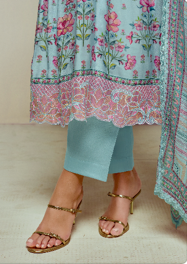 Blue Printed Unstitched Cotton Kurta Set