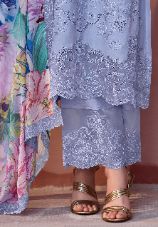 Purple Embroidered Unstitched Cotton Kurta Set with Printed Dupatta