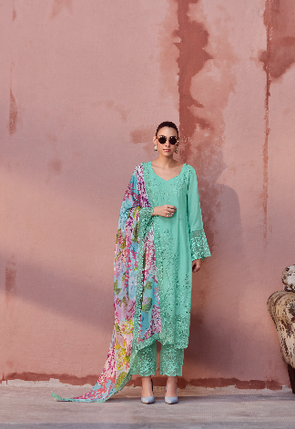Green Embroidered Unstitched Cotton Kurta Set with Printed Dupatta
