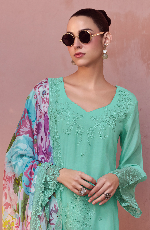 Green Embroidered Unstitched Cotton Kurta Set with Printed Dupatta