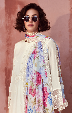 White Embroidered Unstitched Cotton Kurta Set with Printed Dupatta