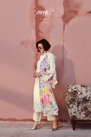 White Embroidered Unstitched Cotton Kurta Set with Printed Dupatta