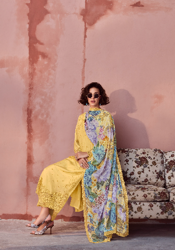 Yellow Embroidered Unstitched Cotton Kurta Set with Printed Dupatta