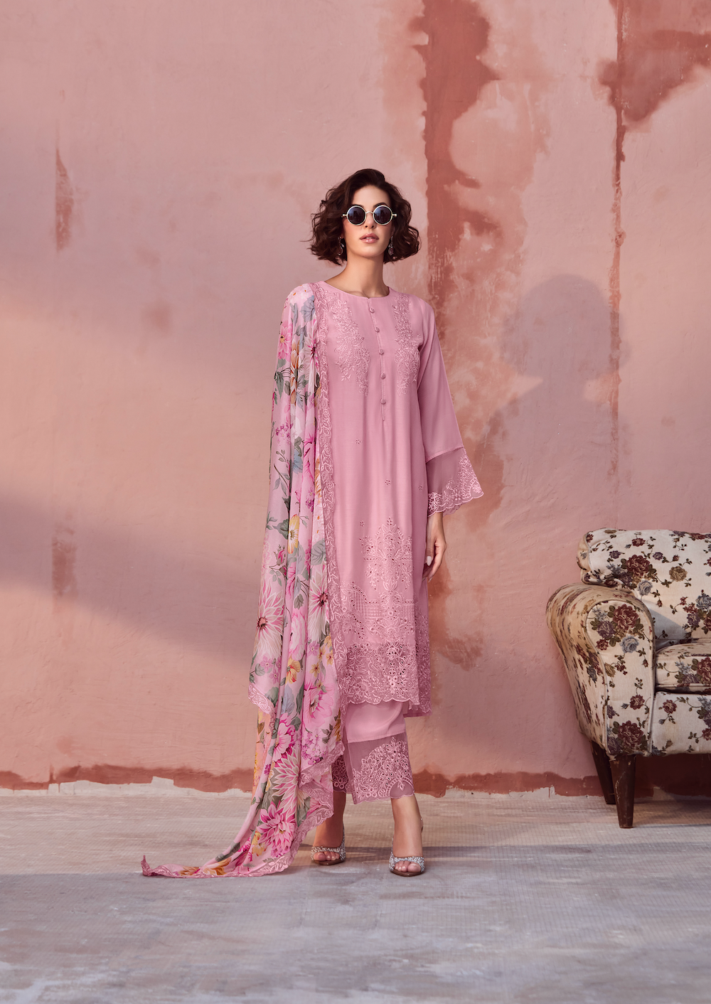 Pink Embroidered Unstitched Cotton Kurta Set with Printed Dupatta