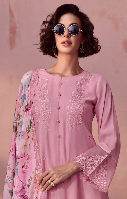 Pink Embroidered Unstitched Cotton Kurta Set with Printed Dupatta