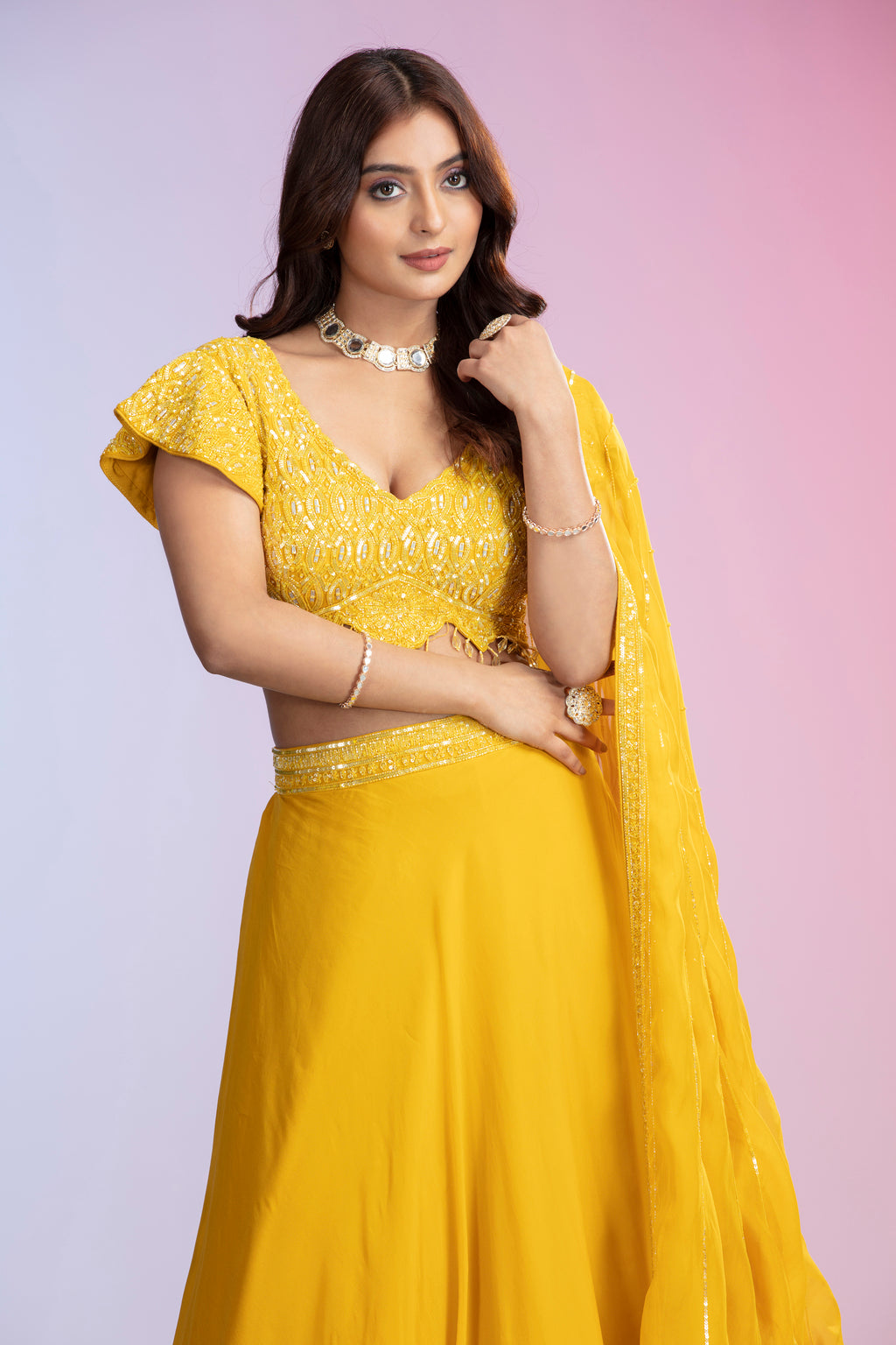Yellow Embellished Tissue Organza Lehenga Set