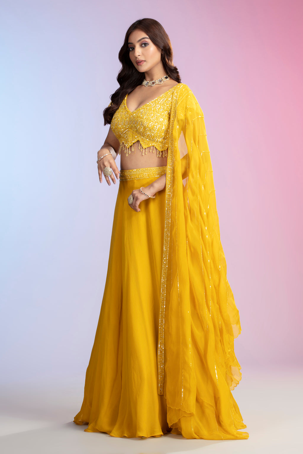 Yellow Embellished Tissue Organza Lehenga Set