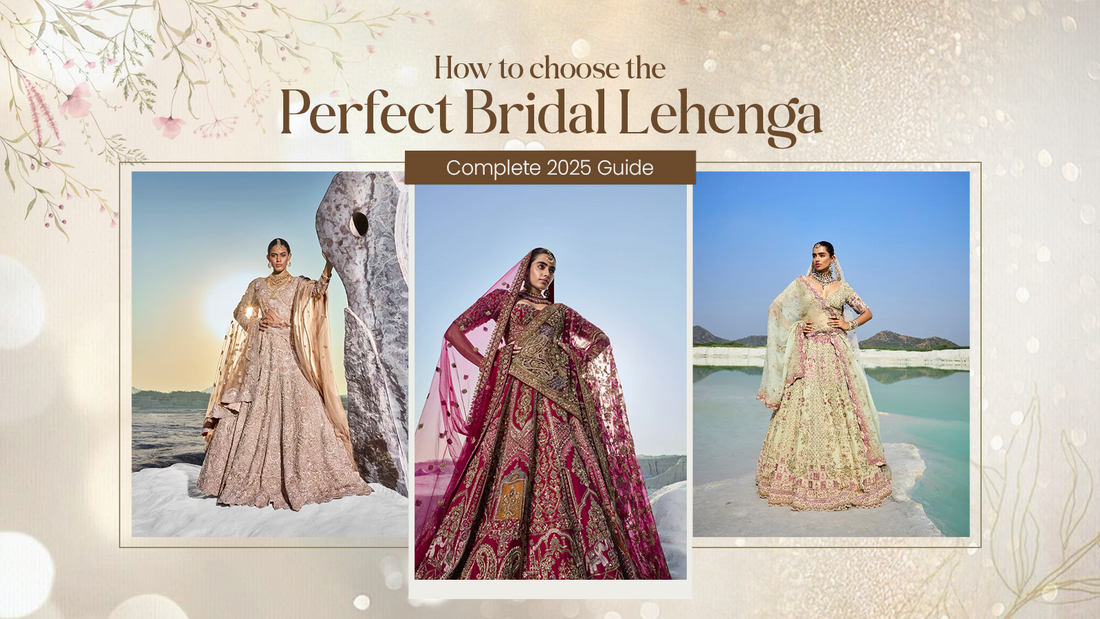 Collage of three bridal lehenga outfits mentioned "how to choose a bridal lehenga"