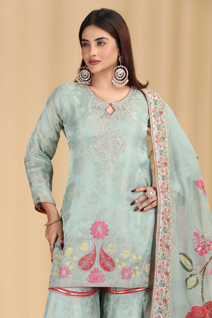 Green Tissue Organza Outfit with Aari & Appliqué Work