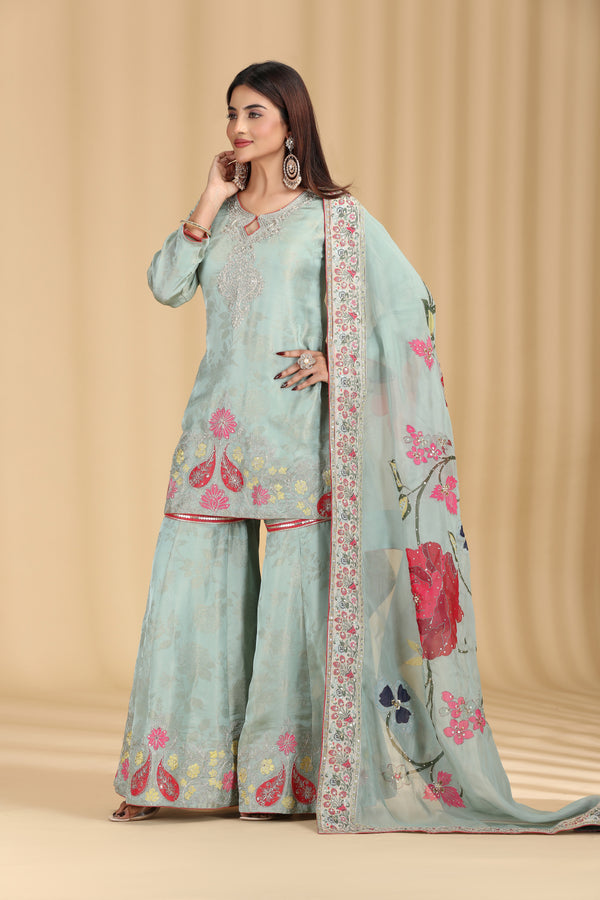 Green Tissue Organza Outfit with Aari & Appliqué Work