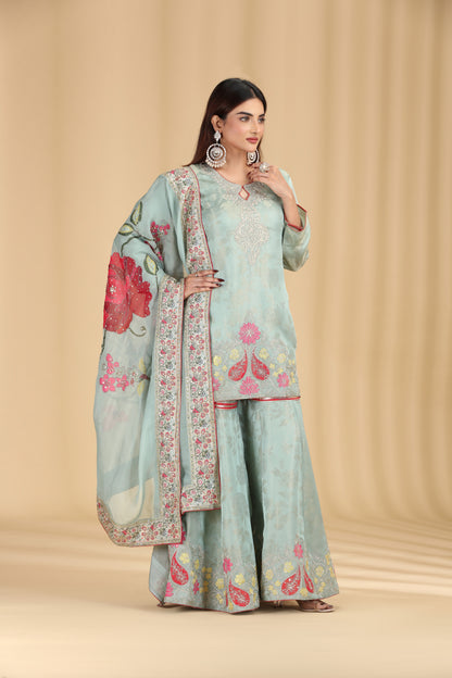 Green Tissue Organza Outfit with Aari & Appliqué Work