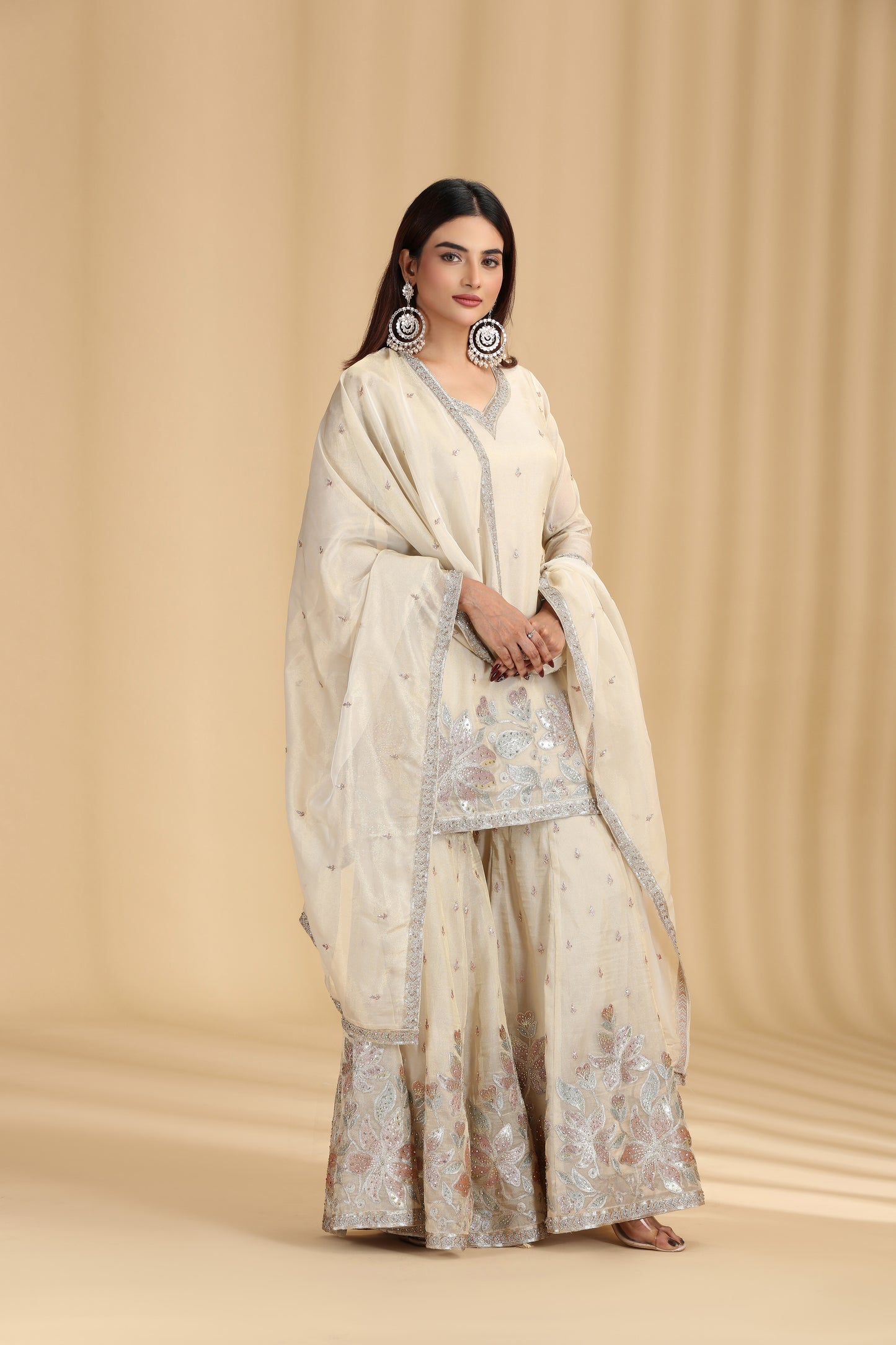 Beige Tissue Organza Outfit with Stone & Zari Work