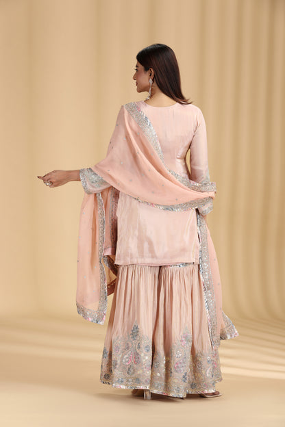 Peach Tissue Kurta Set with Pitta & Sequin Work