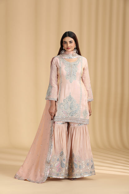 Peach Tissue Kurta Set with Pitta & Sequin Work