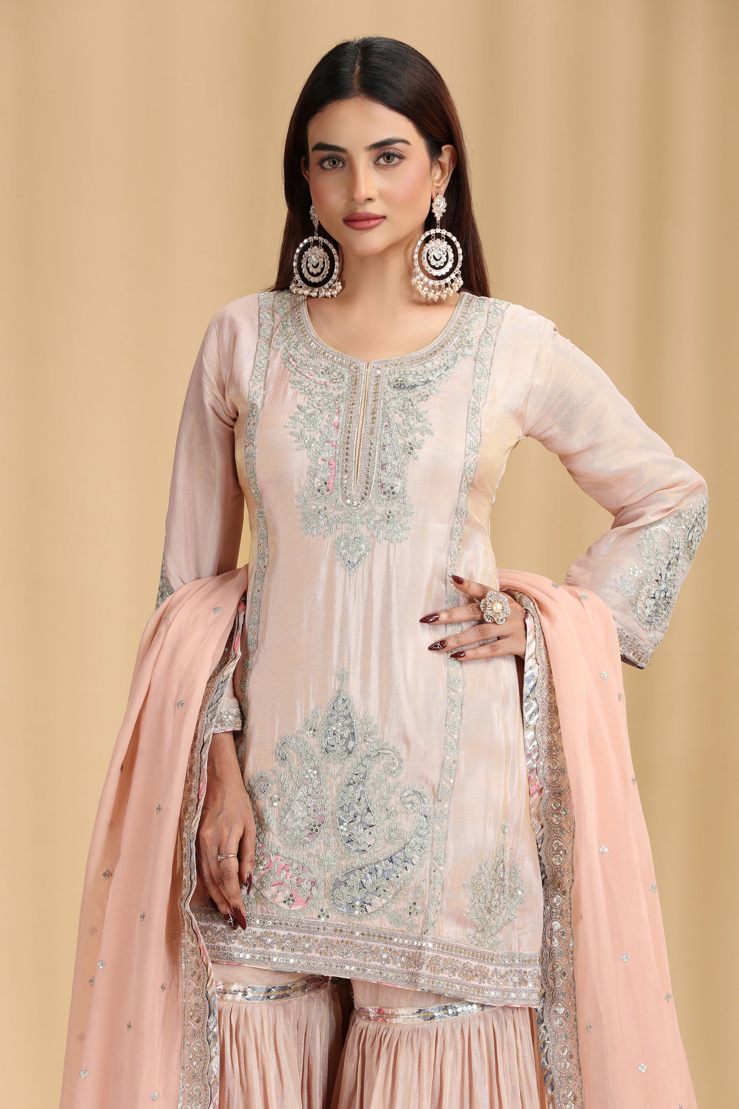 Peach Tissue Kurta Set with Pitta & Sequin Work