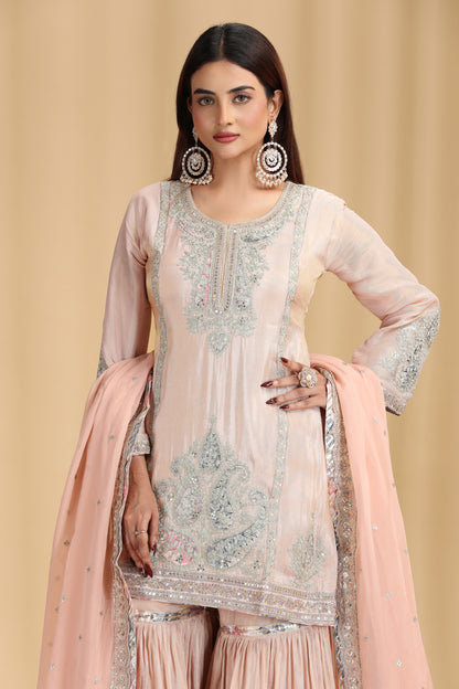Peach Tissue Kurta Set with Pitta & Sequin Work