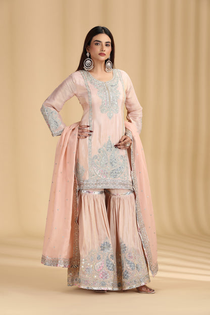 Peach Tissue Kurta Set with Pitta & Sequin Work
