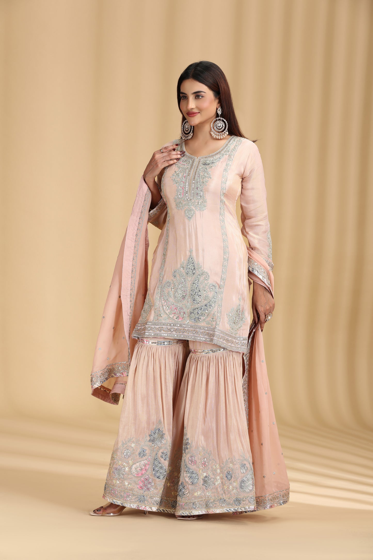 Peach Tissue Kurta Set with Pitta & Sequin Work