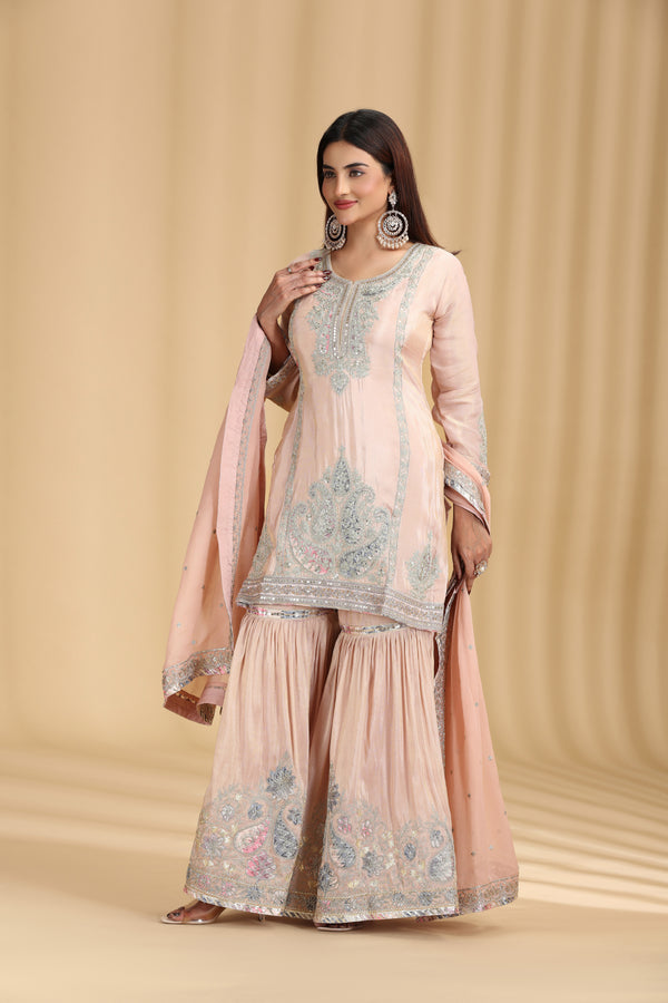 Peach Tissue Kurta Set with Pitta & Sequin Work