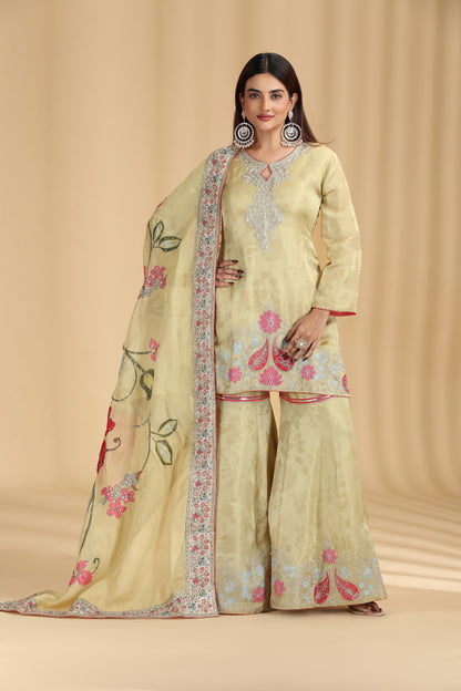 Green Tissue Organza Outfit with Aari & Zari Work