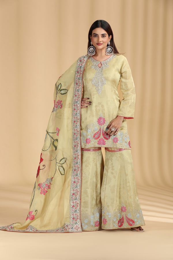 Green Tissue Organza Outfit with Aari & Zari Work