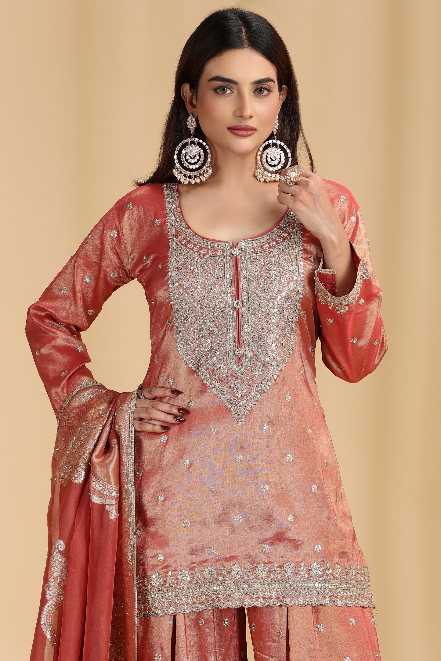 Rust Tissue Organza Suit Set with Sequins, Stone & Zari Work