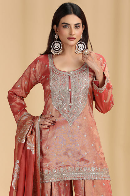 Rust Tissue Organza Suit Set with Sequins, Stone & Zari Work