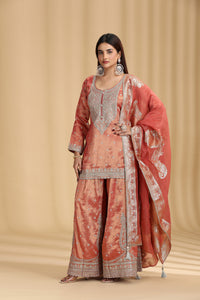 Rust Tissue Organza Suit Set with Sequins, Stone & Zari Work
