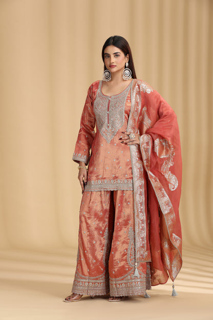 Rust Tissue Organza Suit Set with Sequins, Stone & Zari Work