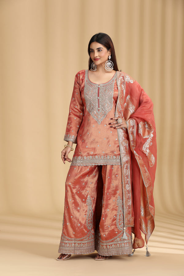 Rust Tissue Organza Suit Set with Sequins, Stone & Zari Work
