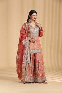 Rust Tissue Organza Suit Set with Sequins, Stone & Zari Work