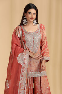 Rust Tissue Organza Suit Set with Sequins, Stone & Zari Work