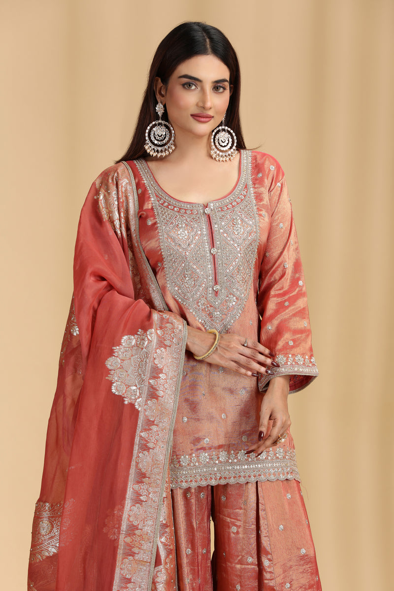 Rust Tissue Organza Suit Set with Sequins, Stone & Zari Work