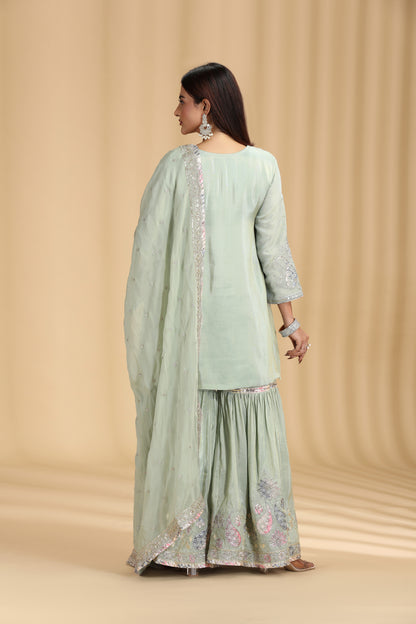 Pista Green Tissue Kurta Set with Pitta & Sequin Work
