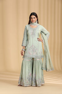 Pista Green Tissue Kurta Set with Pitta & Sequin Work