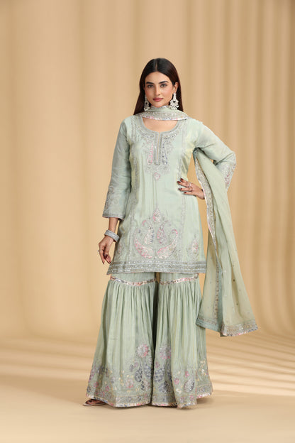 Pista Green Tissue Kurta Set with Pitta & Sequin Work