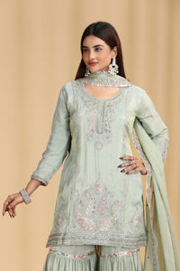 Pista Green Tissue Kurta Set with Pitta & Sequin Work