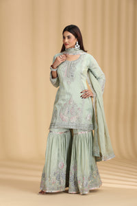 Pista Green Tissue Kurta Set with Pitta & Sequin Work