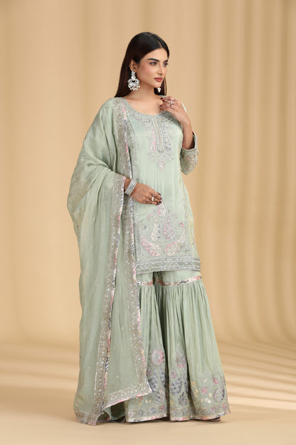 Pista Green Tissue Kurta Set with Pitta & Sequin Work