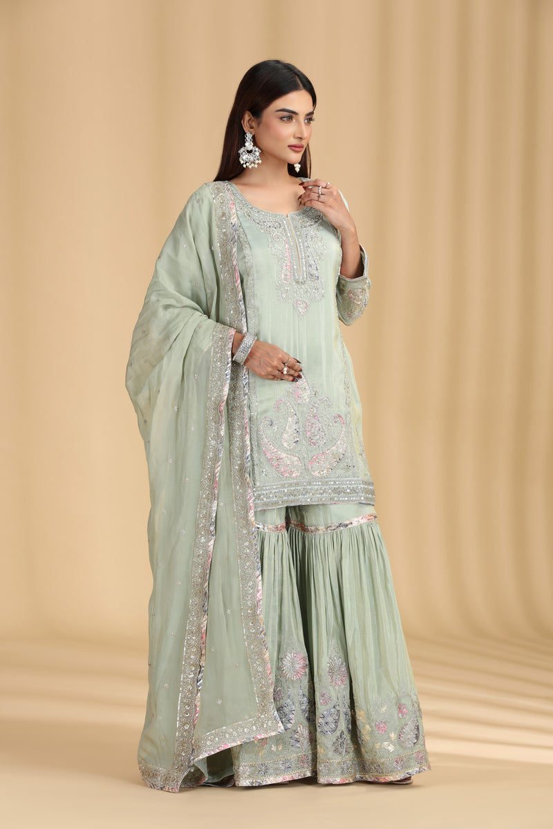 Pista Green Tissue Kurta Set with Pitta & Sequin Work