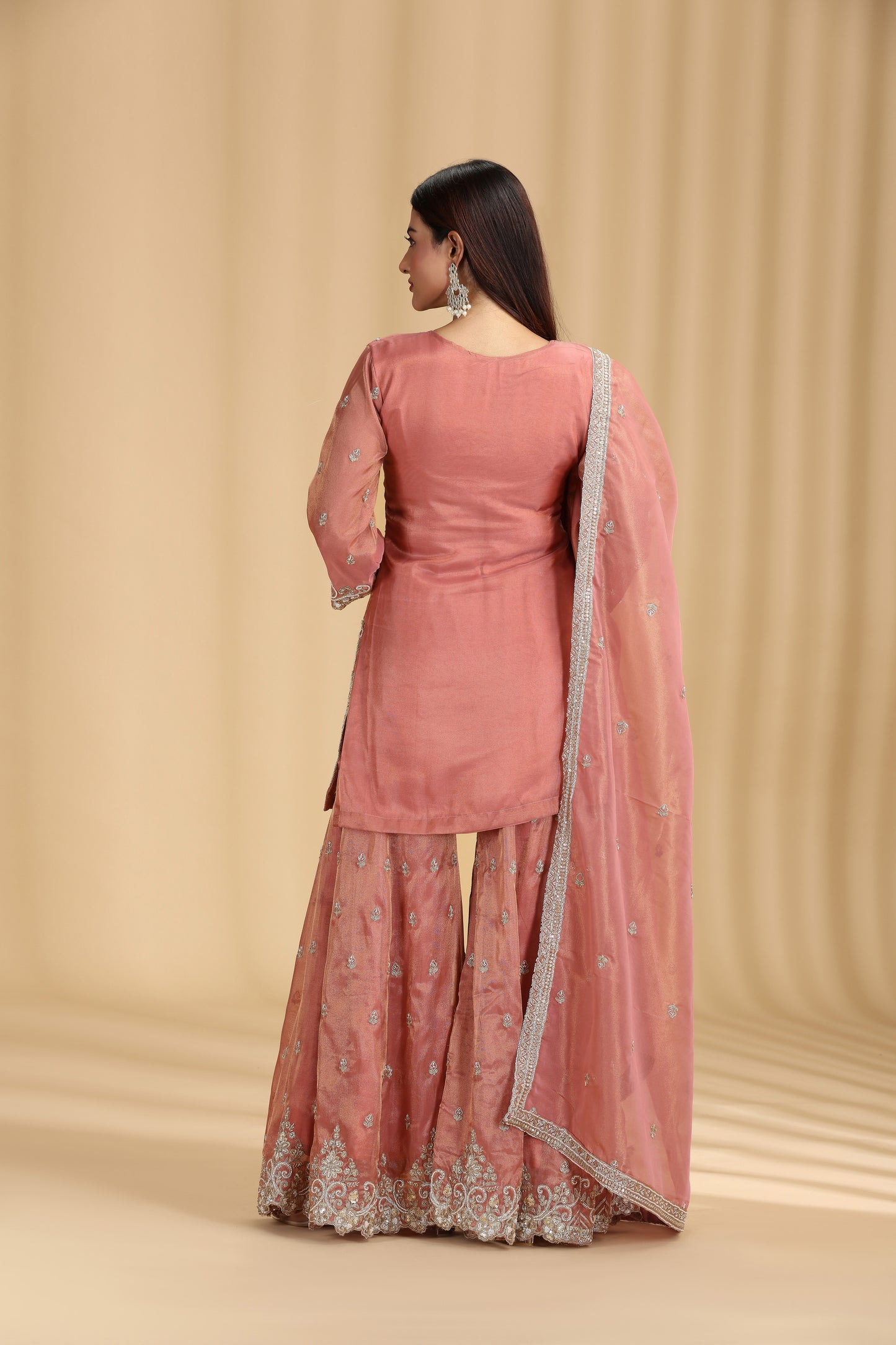 Peach Tissue Suit Set with Sequins, Cutdana & Zari Work