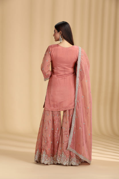 Peach Tissue Suit Set with Sequins, Cutdana & Zari Work