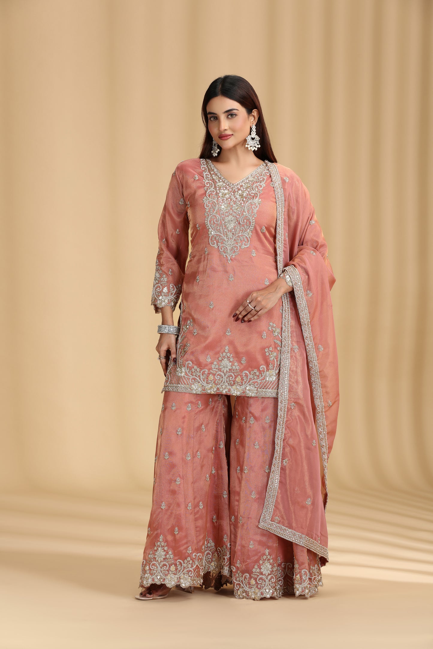 Peach Tissue Suit Set with Sequins, Cutdana & Zari Work