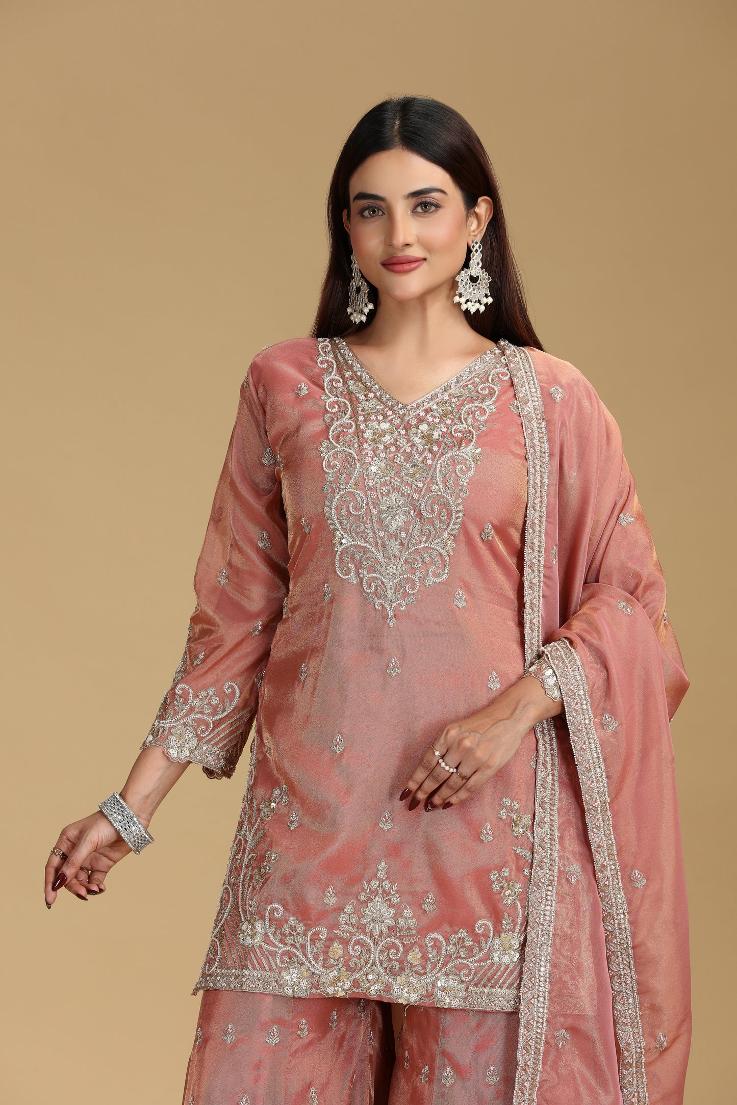 Peach Tissue Suit Set with Sequins, Cutdana & Zari Work