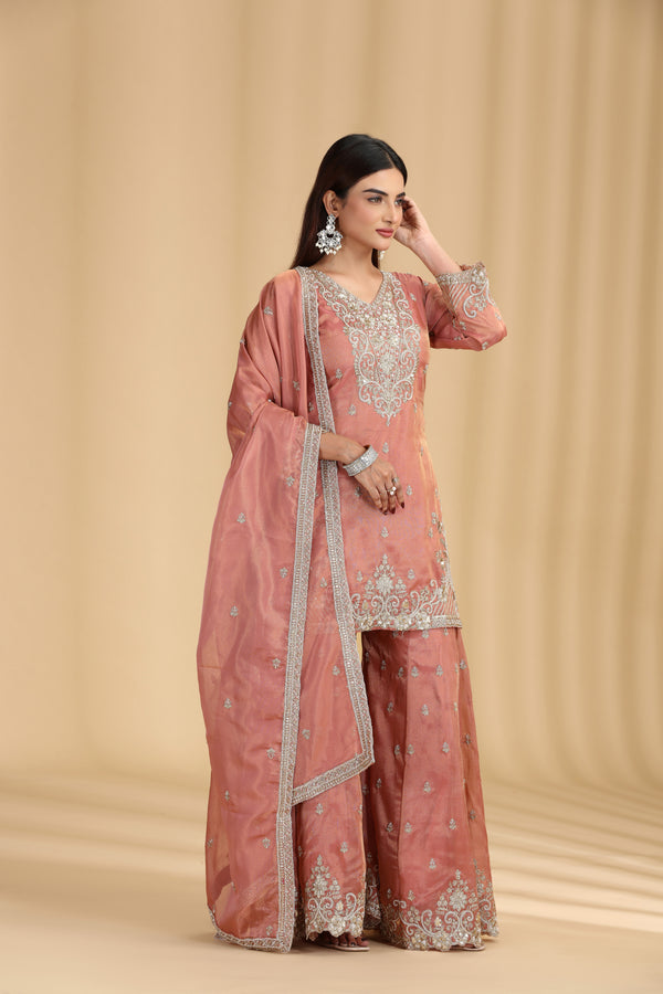 Peach Tissue Suit Set with Sequins, Cutdana & Zari Work