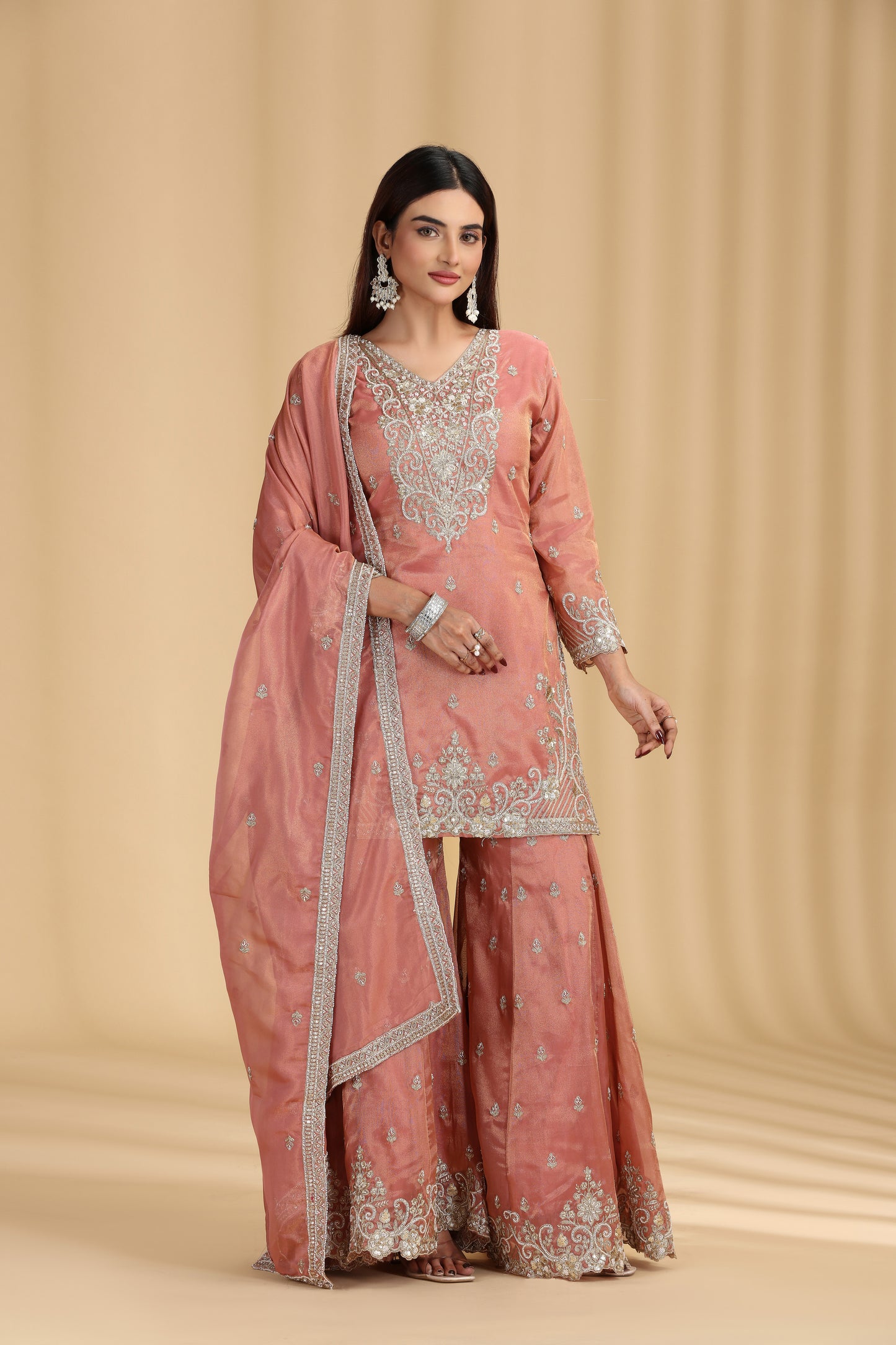 Peach Tissue Suit Set with Sequins, Cutdana & Zari Work