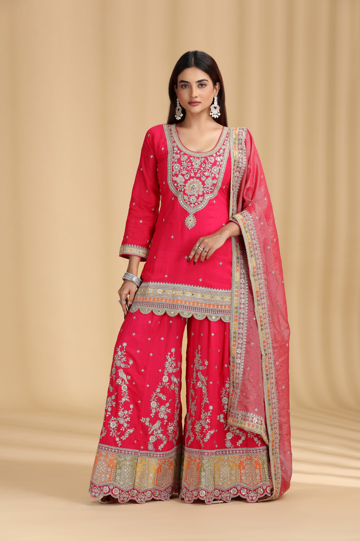 Rani Pink Organza Outfit with Mirror & Zari Work